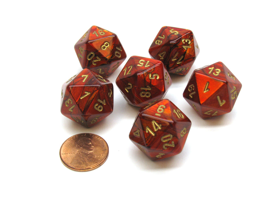 Scarab 20 Sided D20 Chessex Dice, 6 Pieces - Scarlet with Gold Numbers
