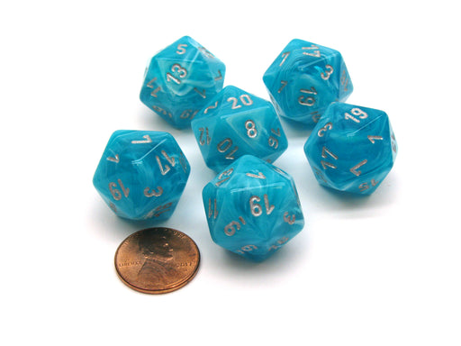 Cirrus 20 Sided D20 Chessex Dice, 6 Pieces - Aqua with Silver Numbers