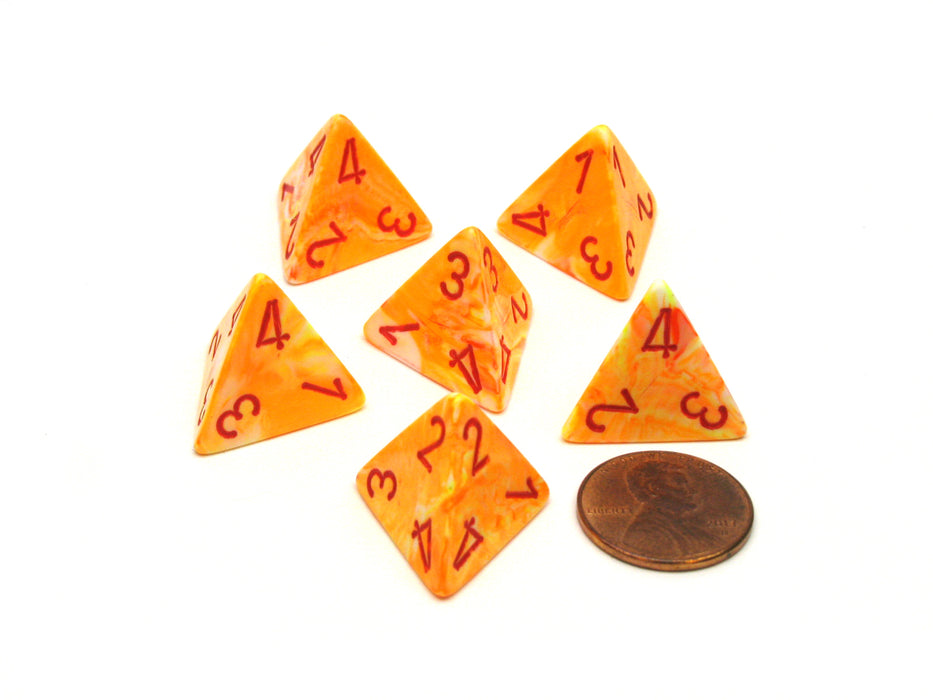 Festive 18mm 4 Sided D4 Chessex Dice, 6 Pieces - Sunburst with Red Numbers