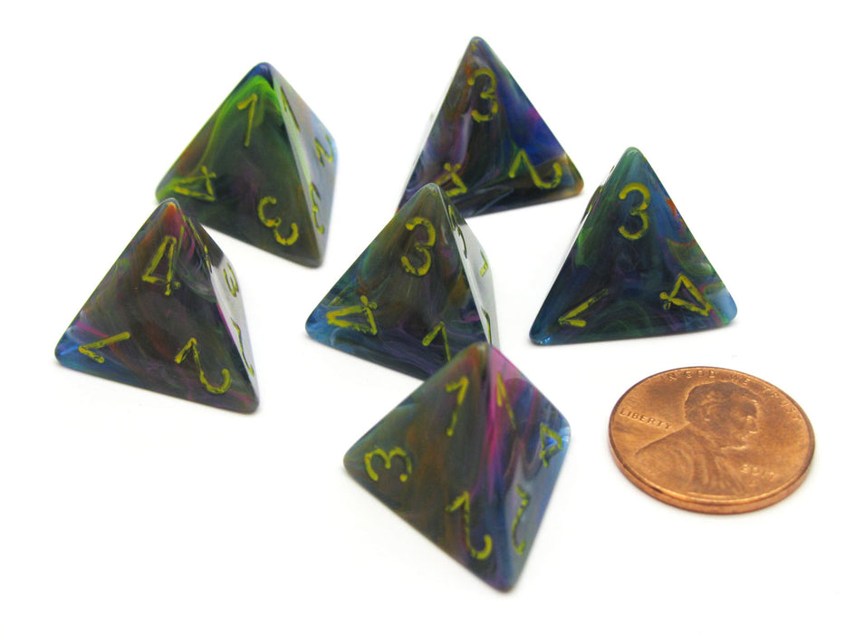 Festive 18mm 4 Sided D4 Chessex Dice, 6 Pieces - Rio with Yellow