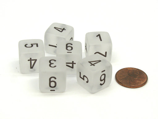 Frosted 15mm 6 Sided D6 Chessex Dice, 6 Pieces - Clear with Black Numbers