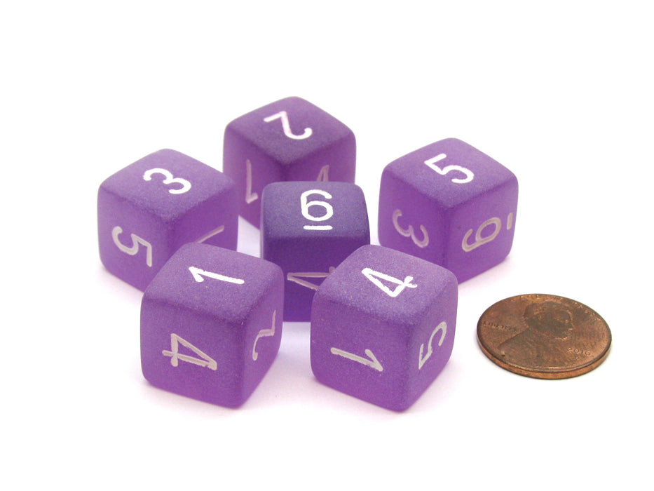 Frosted 15mm 6 Sided D6 Chessex Dice, 6 Pieces - Purple with White Numbers