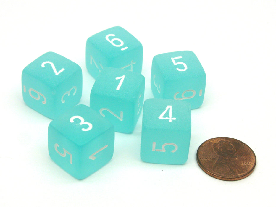 Frosted 15mm D6 Polyhedral Chessex Dice, 6 Pieces - Teal with White Numbers