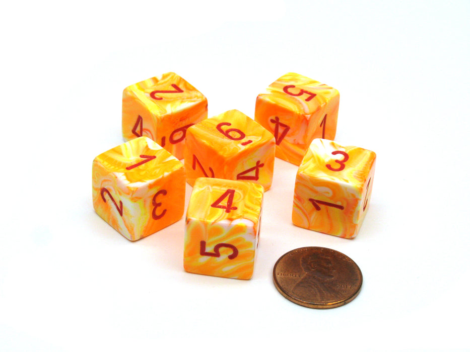 Festive 15mm 6-Sided D6 Numbered Chessex Dice, 6 Pieces - Sunburst with Red