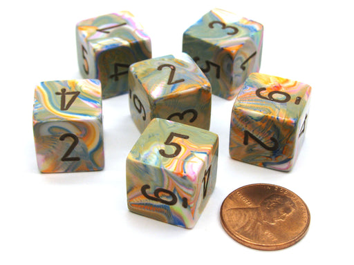 Festive 15mm 6-Sided D6 Numbered Chessex Dice, 6 Pieces - Vibrant with Brown