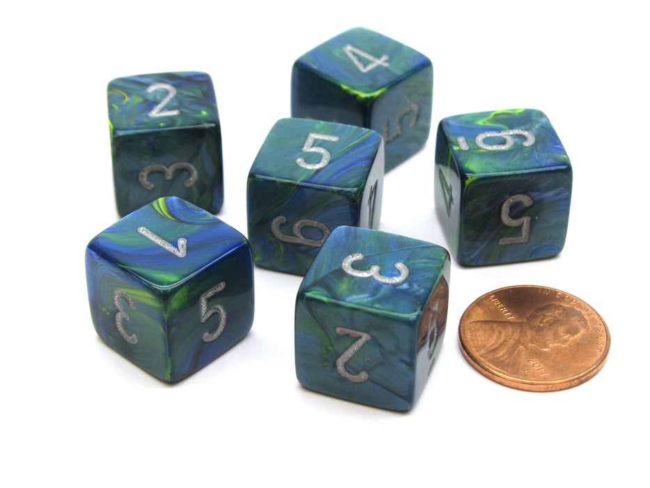 Festive 15mm 6-Sided D6 Numbered Chessex Dice, 6 Pieces - Green with Silver