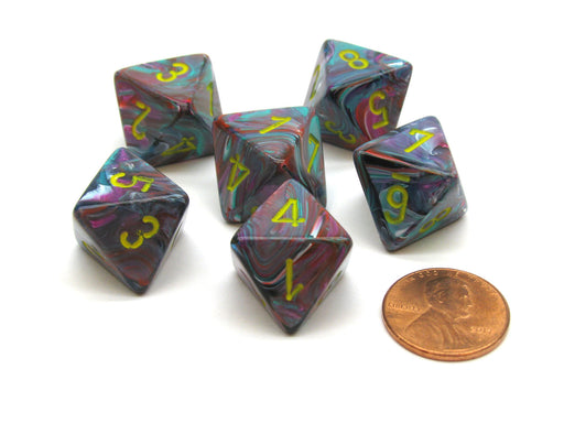 Festive 15mm 8 Sided D8 Chessex Dice, 6 Pieces - Mosaic with Yellow