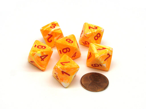 Festive 15mm 8 Sided D8 Chessex Dice, 6 Pieces - Sunburst with Red Numbers