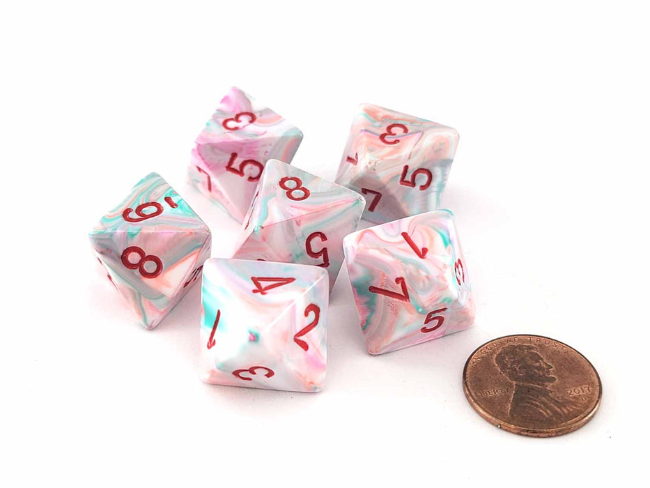 Festive 15mm 8 Sided D8 Chessex Dice, 6 Pieces - Pop Art with Red Numbers