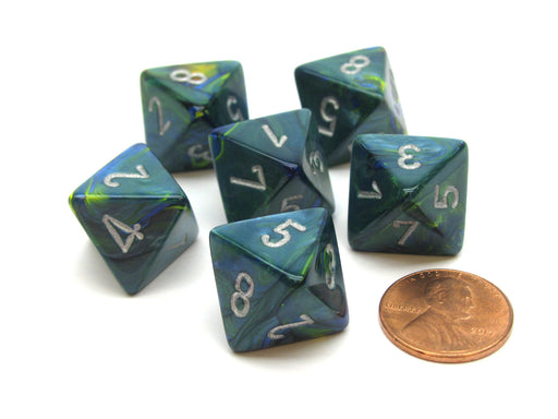 Festive 15mm 8 Sided D8 Chessex Dice, 6 Pieces - Green with Silver