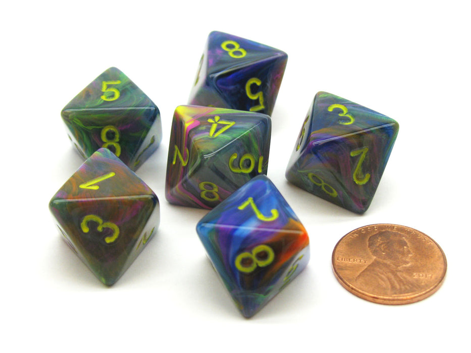 Festive 15mm 8 Sided D8 Chessex Dice, 6 Pieces - Rio with Yellow