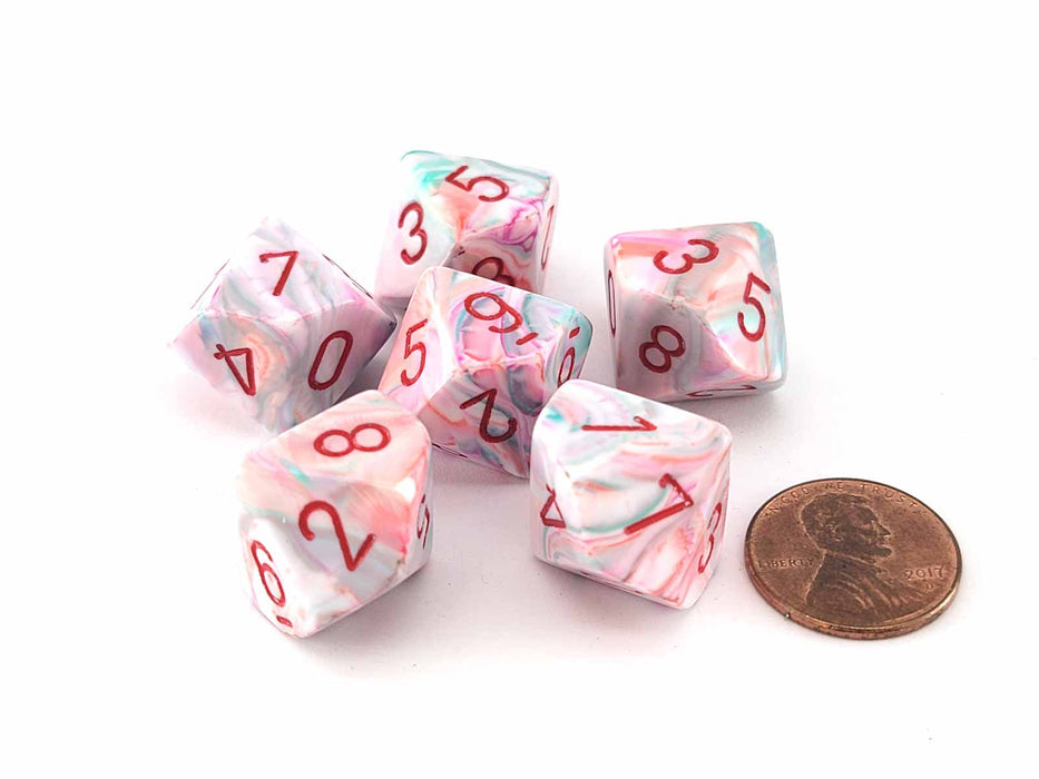Festive 16mm D10 (0-9) Chessex Dice, 6 Pieces - Pop Art with Red Numbers