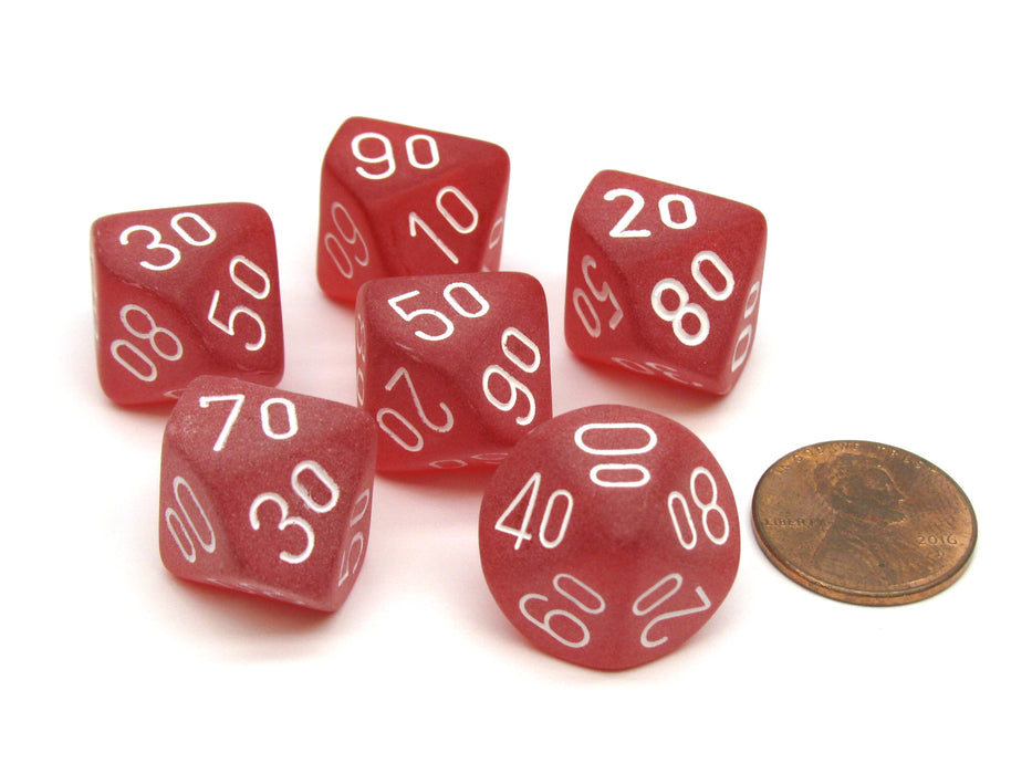 Frosted 16mm Tens D10 (00-90) Chessex Dice, 6 Pieces - Red with White Numbers