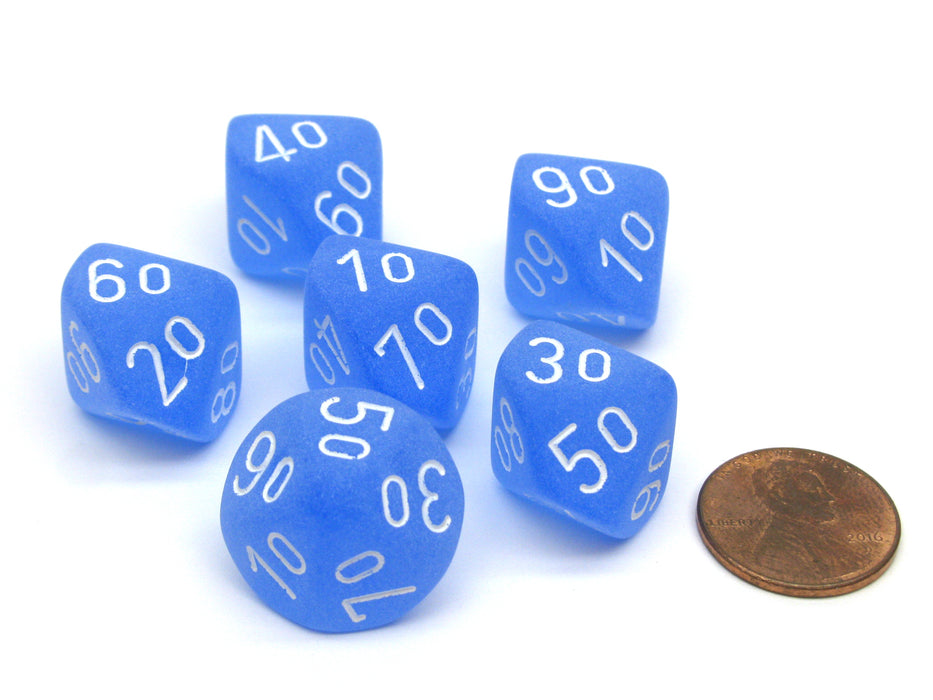 Frosted 16mm Tens D10 (00-90) Chessex Dice, 6 Pieces - Blue with White Numbers