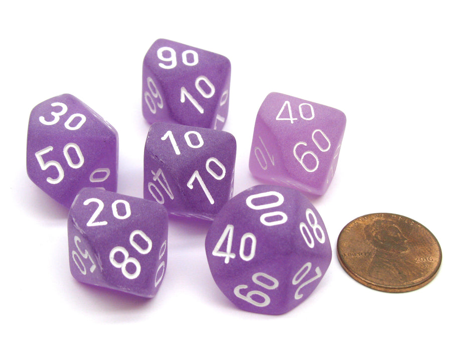 Frosted 16mm Tens D10 (00-90) Chessex Dice, 6 Pieces - Purple with White Numbers