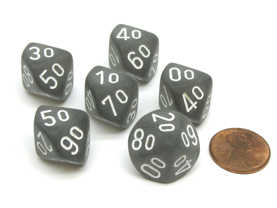 Frosted 16mm Tens D10 (00-90) Chessex Dice, 6 Pieces - Smoke with White Numbers