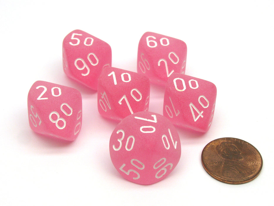 Frosted 16mm Tens D10 (00-90) Chessex Dice, 6 Pieces - Pink with White Numbers