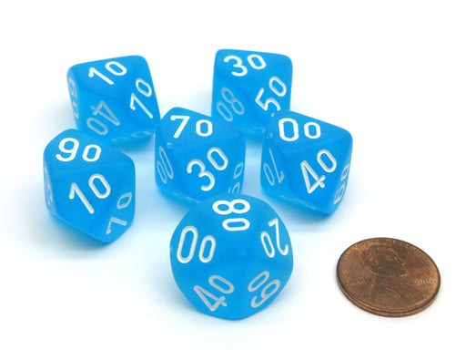 Frosted 16mm Tens D10 (00-90) Chessex Dice, 6 Pieces - Caribbean Blue with White