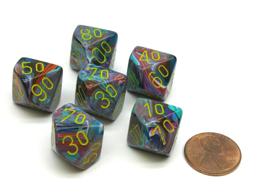 Festive 16mm Tens D10 (00-90) Dice, 6 Pieces - Mosaic with Yellow Numbers