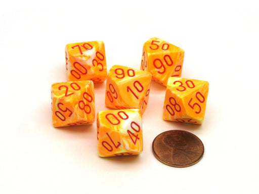 Festive 16mm Tens D10 (00-90) Chessex Dice, 6 Pieces - Sunburst with Red Numbers