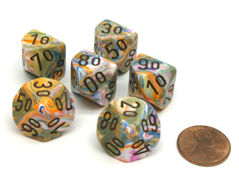 Festive 16mm Tens D10 (00-90) Dice, 6 Pieces - Vibrant with Brown Numbers