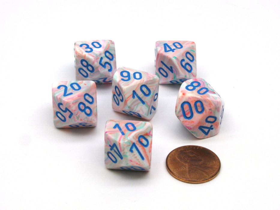 Festive 16mm Tens D10 (00-90) Chessex Dice, 6 Pieces - Pop Art with Blue Numbers