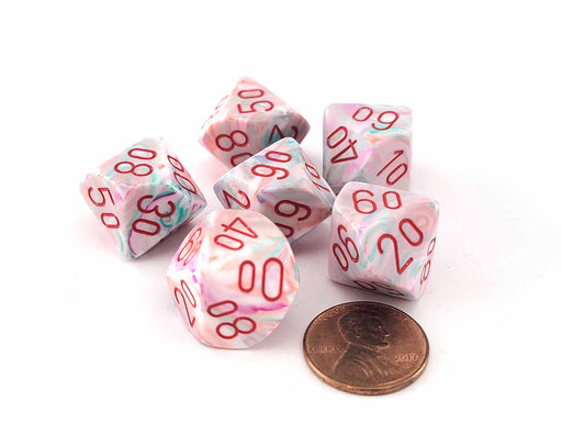 Festive 16mm Tens D10 (00-90) Chessex Dice, 6 Pieces - Pop Art with Red Numbers