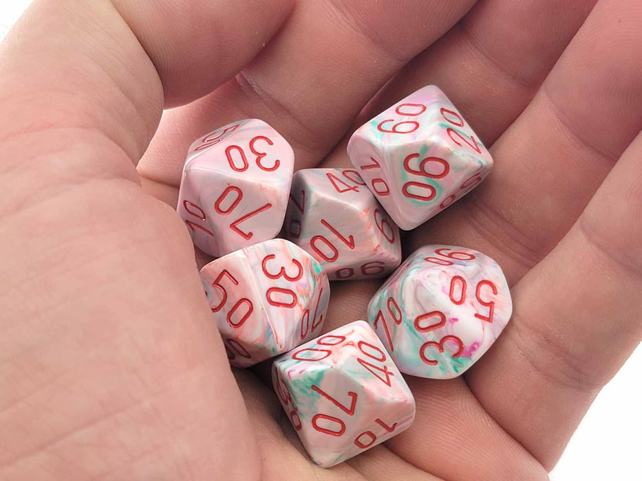 Festive 16mm Tens D10 (00-90) Chessex Dice, 6 Pieces - Pop Art with Red Numbers