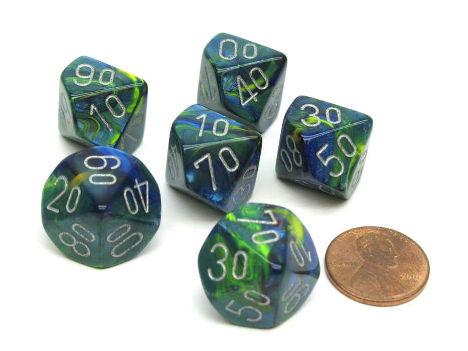 Festive 16mm Tens D10 (00-90) Chessex Dice, 6 Pieces - Green with Silver Numbers