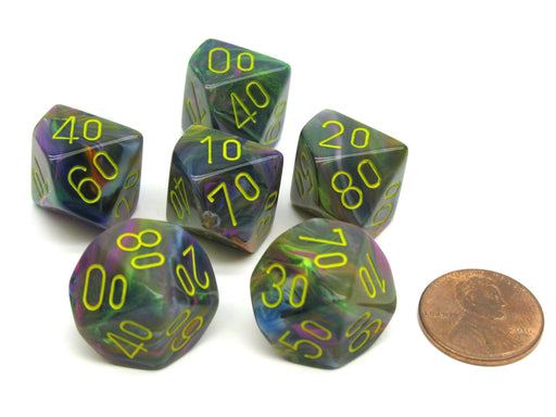 Festive 16mm Tens D10 (00-90) Chessex Dice, 6 Pieces - Rio with Yellow Numbers