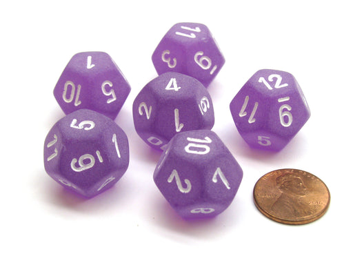 Frosted 18mm 12 Sided D12 Chessex Dice, 6 Pieces - Purple with White