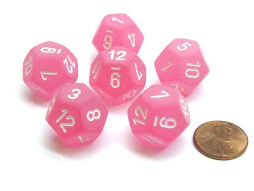 Frosted 18mm 12 Sided D12 Chessex Dice, 6 Pieces - Pink with White