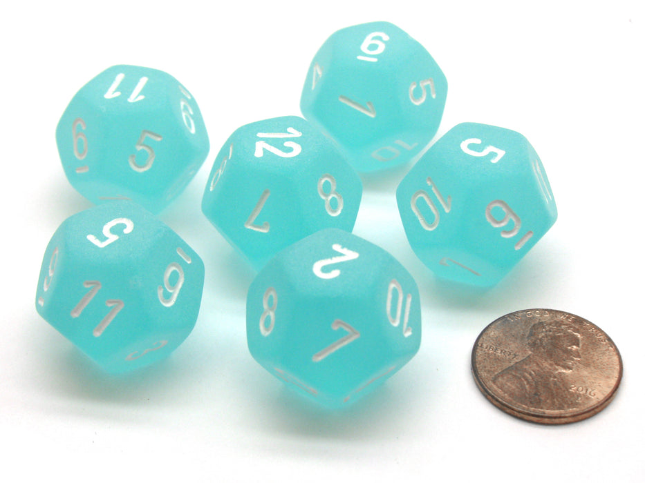Frosted 18mm 12 Sided D12 Chessex Dice, 6 Pieces - Teal with White
