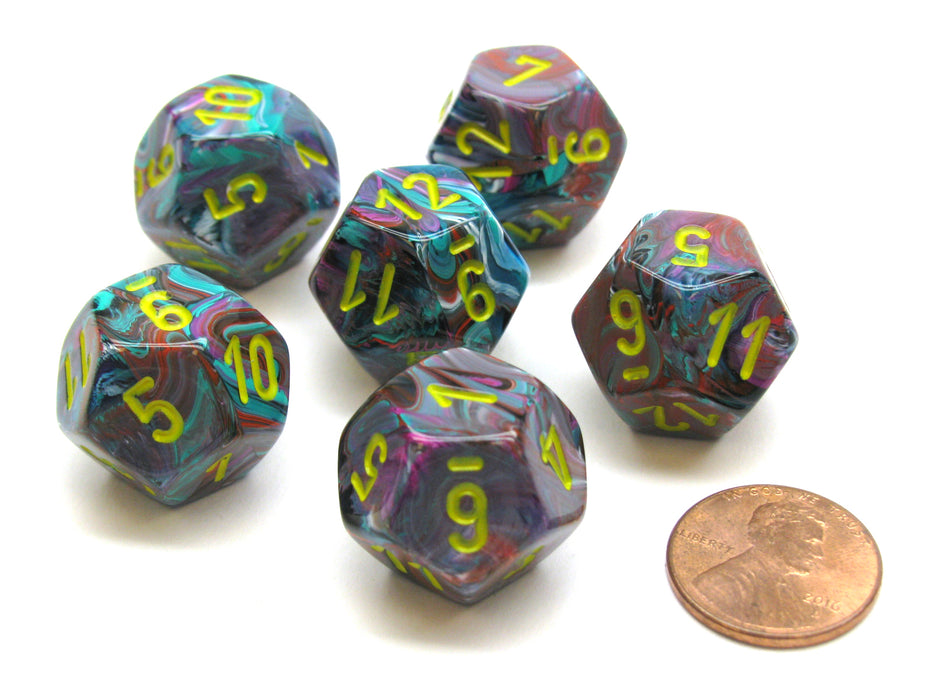 Festive 18mm 12 Sided D12 Chessex Dice, 6 Pieces - Mosaic with Yellow