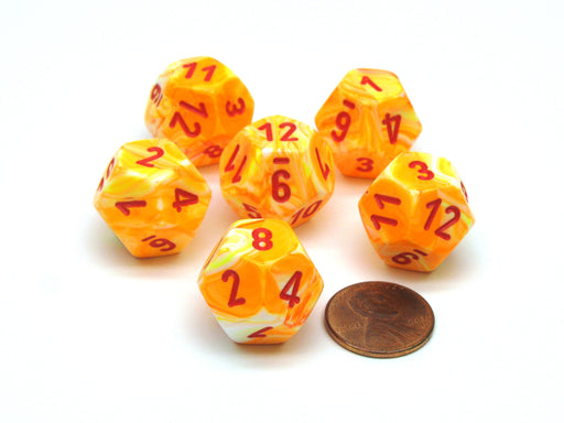 Festive 18mm 12 Sided D12 Chessex Dice, 6 Pieces - Sunburst with Red Numbers