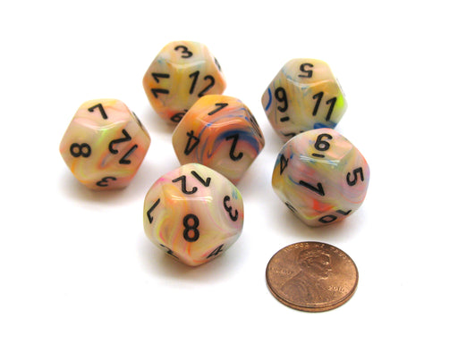 Festive 18mm 12 Sided D12 Chessex Dice, 6 Pieces - Circus with Black