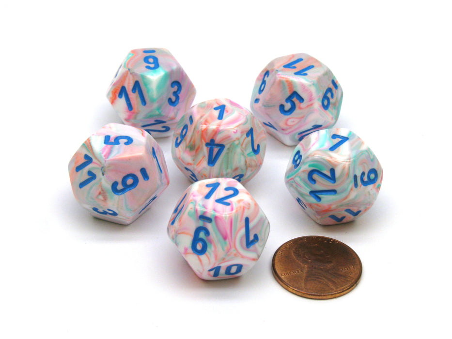 Festive 18mm 12 Sided D12 Chessex Dice, 6 Pieces - Pop Art with Blue Numbers