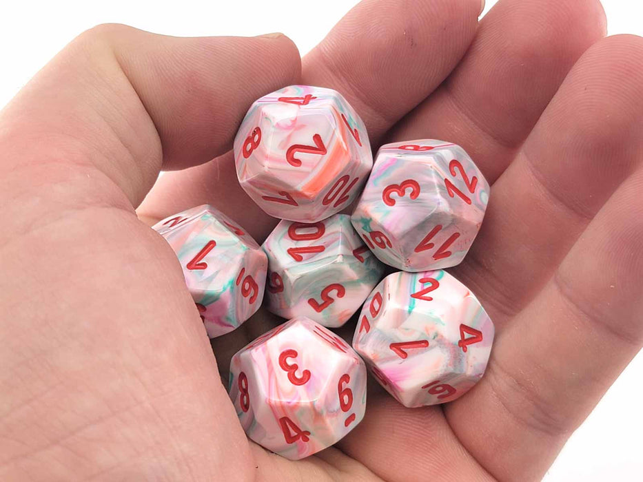 Festive 18mm 12 Sided D12 Chessex Dice, 6 Pieces - Pop Art with Red Numbers