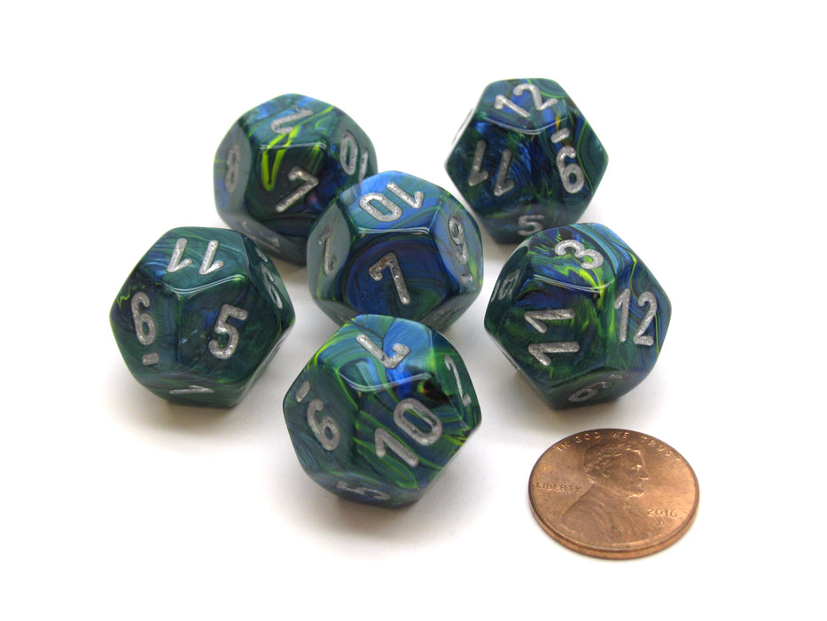 Festive 18mm 12 Sided D12 Chessex Dice, 6 Pieces - Green with Silver