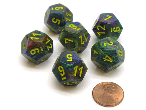 Festive 18mm 12 Sided D12 Chessex Dice, 6 Pieces - Rio with Yellow