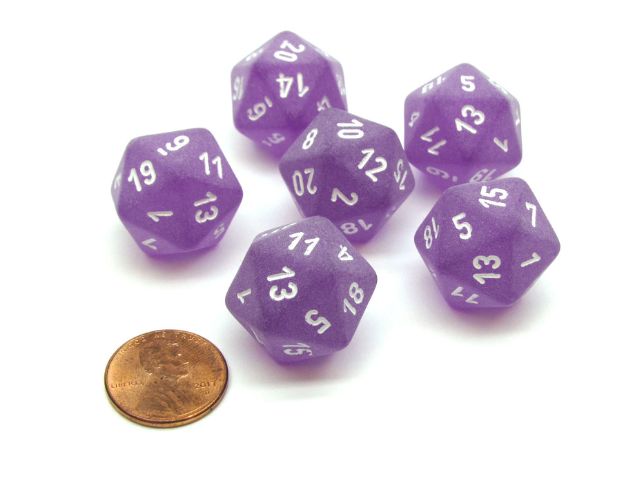 Frosted 20 Sided D20 Chessex Dice, 6 Pieces - Purple with White Numbers