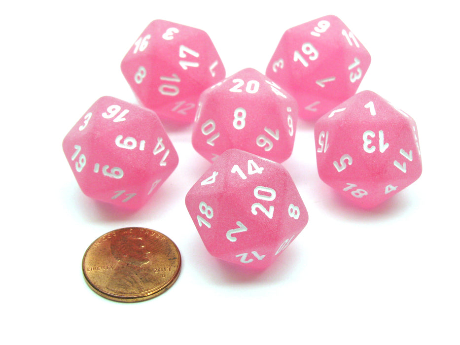 Frosted 20 Sided D20 Chessex Dice, 6 Pieces - Pink with White Numbers