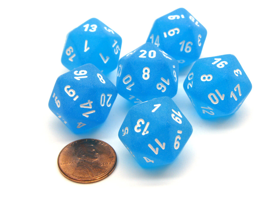 Frosted 20 Sided D20 Chessex Dice, 6 Pieces - Caribbean Blue with White Numbers
