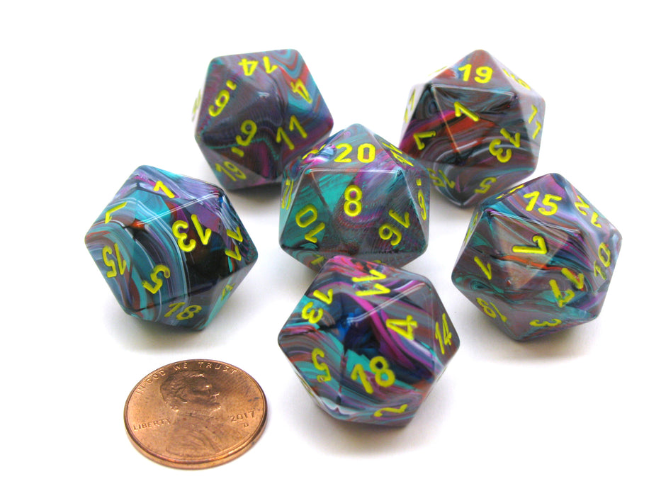 Festive 20 Sided D20 Chessex Dice, 6 Pieces - Mosaic with Yellow Numbers