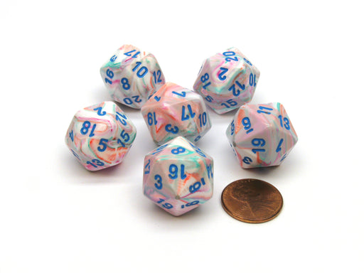 Festive 20 Sided D20 Chessex Dice, 6 Pieces - Pop Art with Blue Numbers