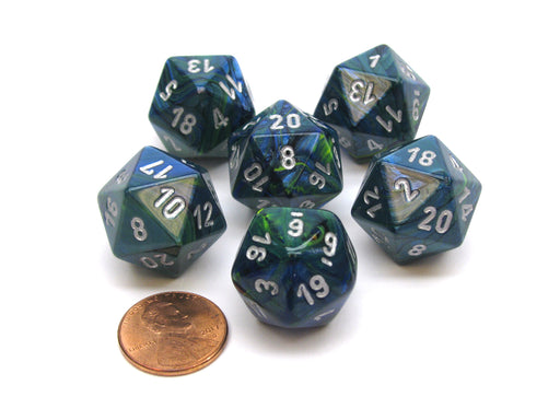 Festive 20 Sided D20 Chessex Dice, 6 Pieces - Green with Silver Numbers