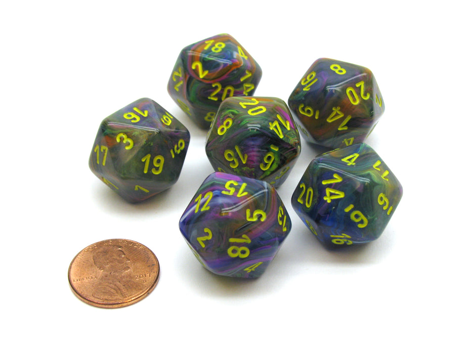 Festive 20 Sided D20 Chessex Dice, 6 Pieces - Rio with Yellow Numbers