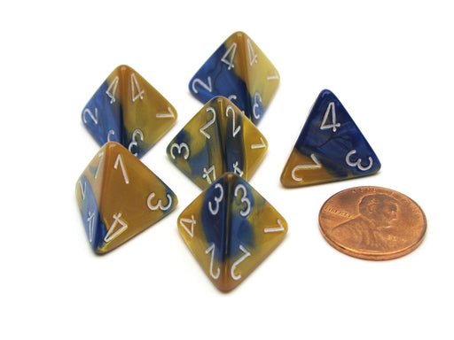 Gemini 18mm 4 Sided D4 Chessex Dice, 6 Pieces - Blue-Gold with White