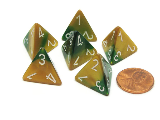 Gemini 18mm 4 Sided D4 Chessex Dice, 6 Pieces - Gold-Green with White