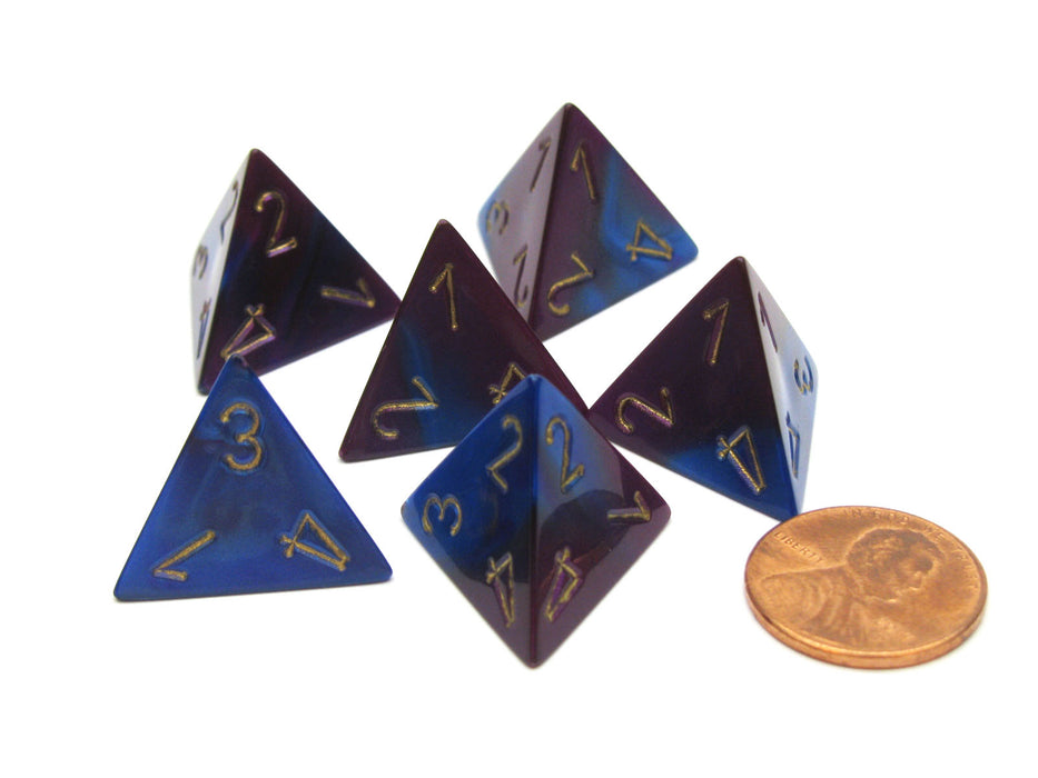 Gemini 18mm 4 Sided D4 Chessex Dice, 6 Pieces - Blue-Purple with Gold